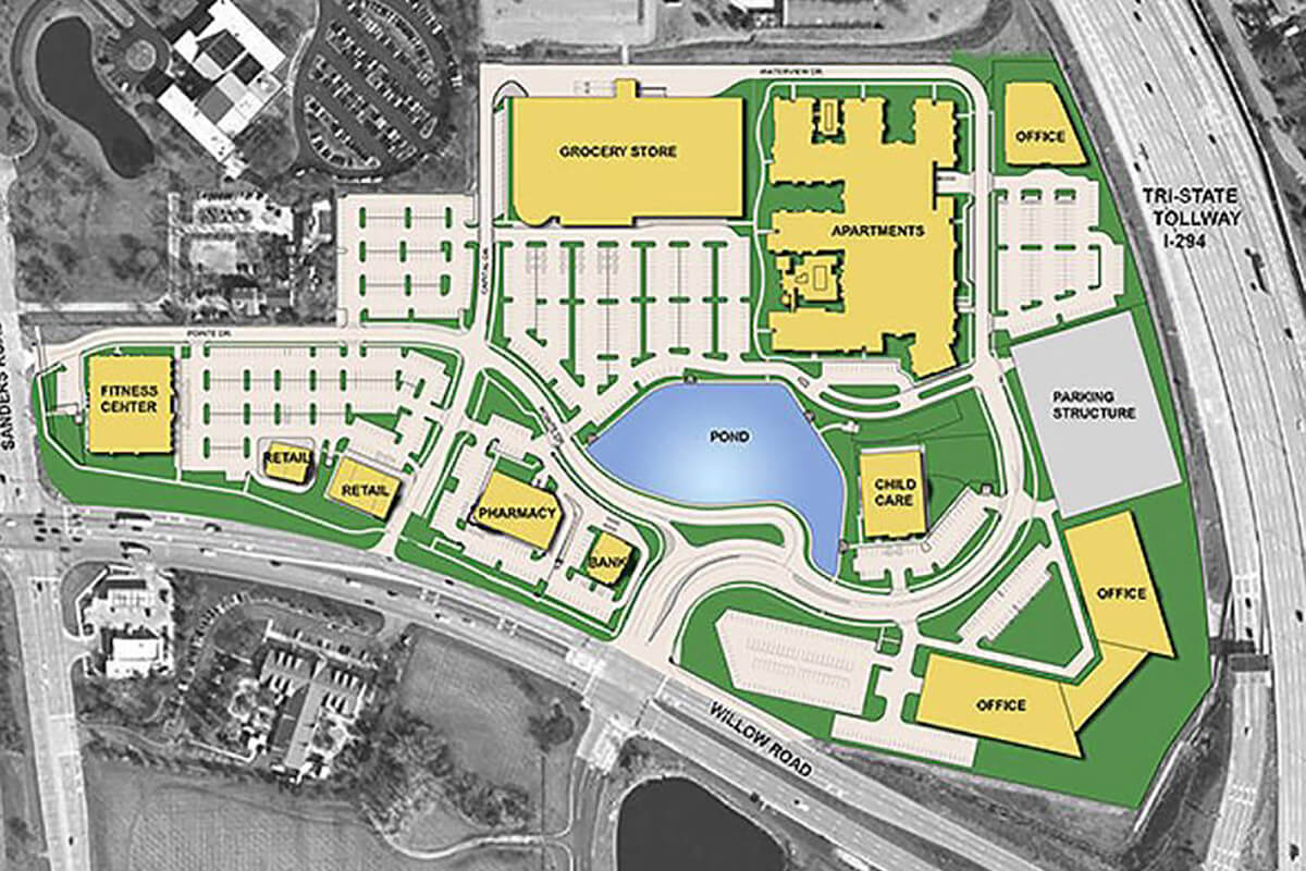 An aerial view of the mixed-use development planned for Glenview, illinois
