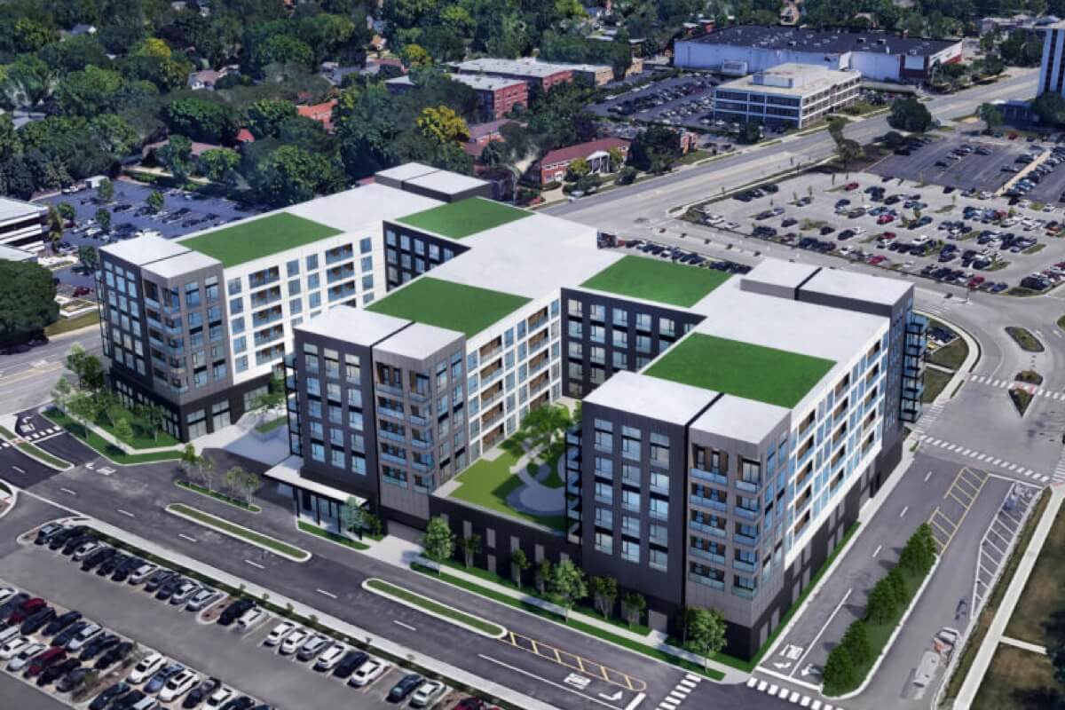A rendering of the higgins multifamily building near O'hare airport
