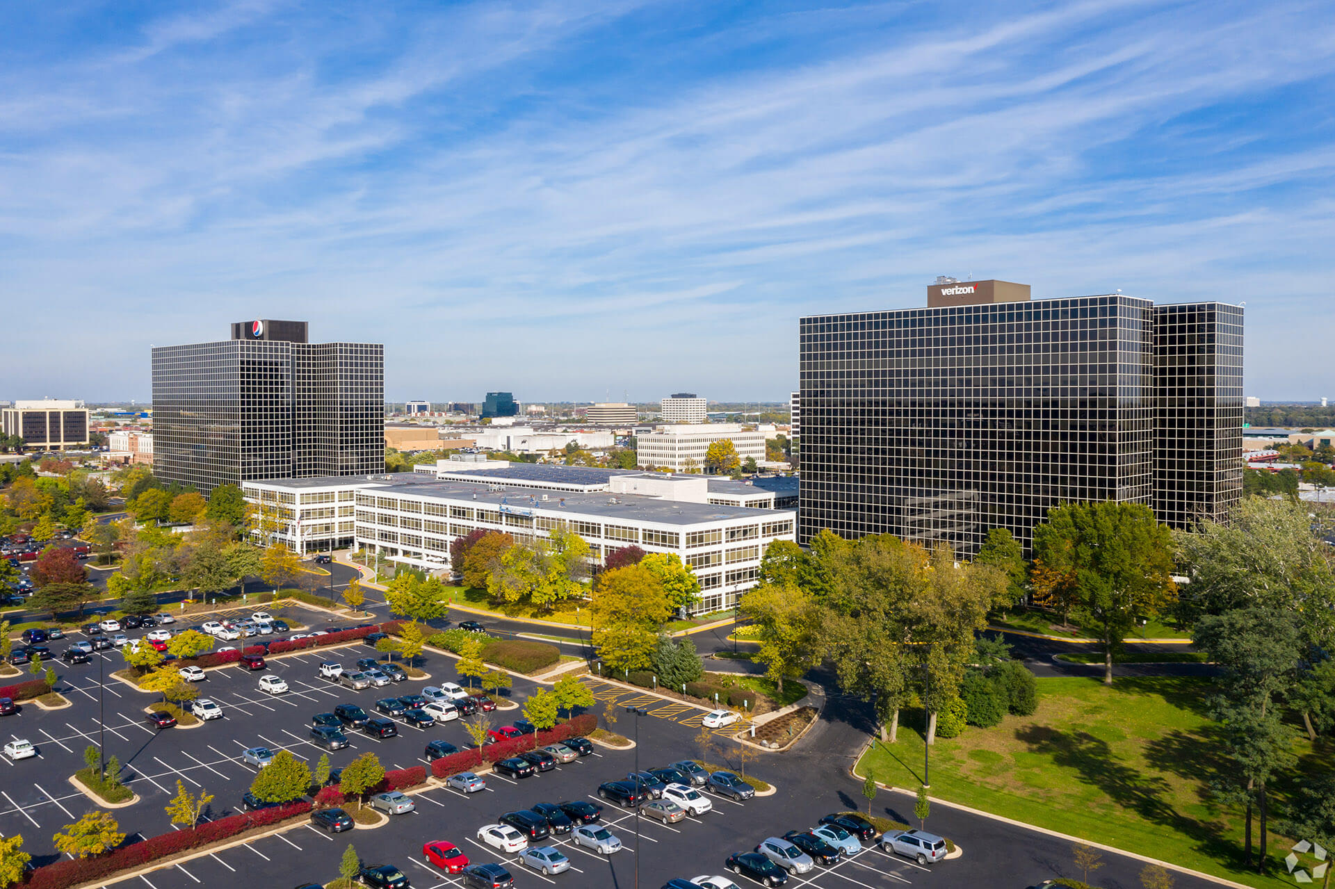 Aerial view of the schaumburg corporate center office buildings